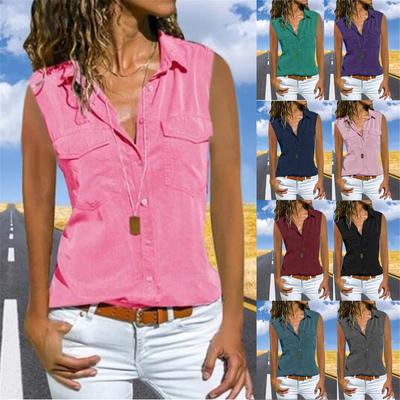 Women Casual Sleeveless Turn Down Collar Pockets Button Front Shirt Tops
