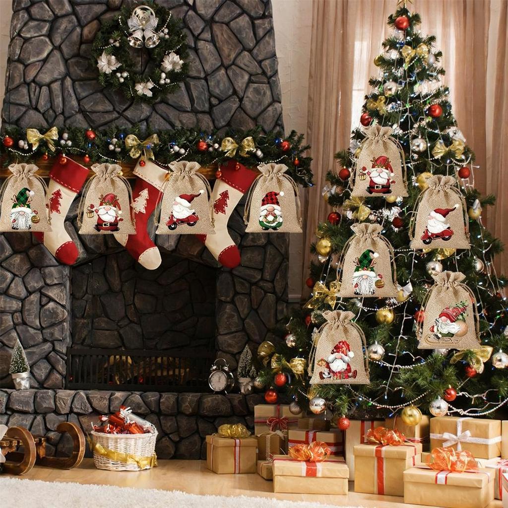 12 Pieces Burlap Reusable Drawstring Gift Bag Cartoon Burlap Bundle Pocket Christmas Snack Bag For Christmas New Year Party