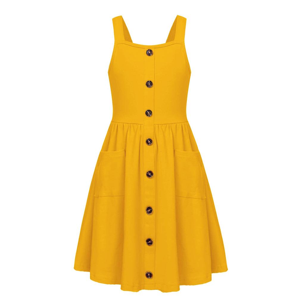 Girls' Fashion Buckle-Front Sleeveless Pocket Casual Solid-Color Dress