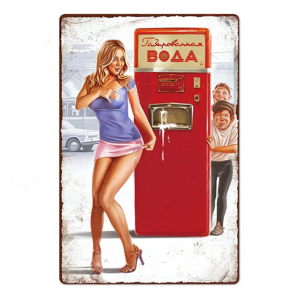 Vintage Russian Pin Up Girl Posters Wall Decor Metal Signs Tin Plaque Tin Signs Soviet Union Poster for Bar Pub Home