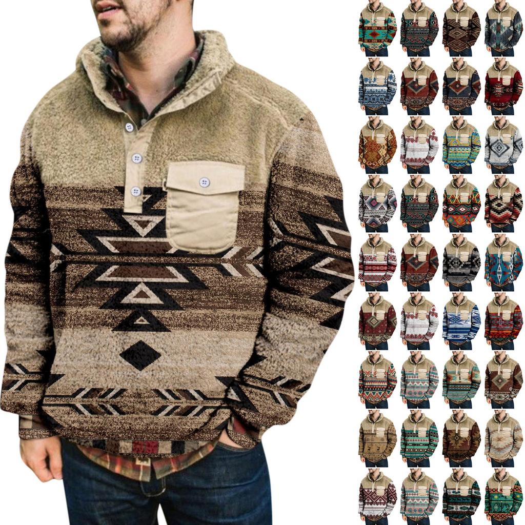 Men's Printed Plush Warm Coat Fleece Sweater Casual Coat Pocket Sweater  Winter Coat