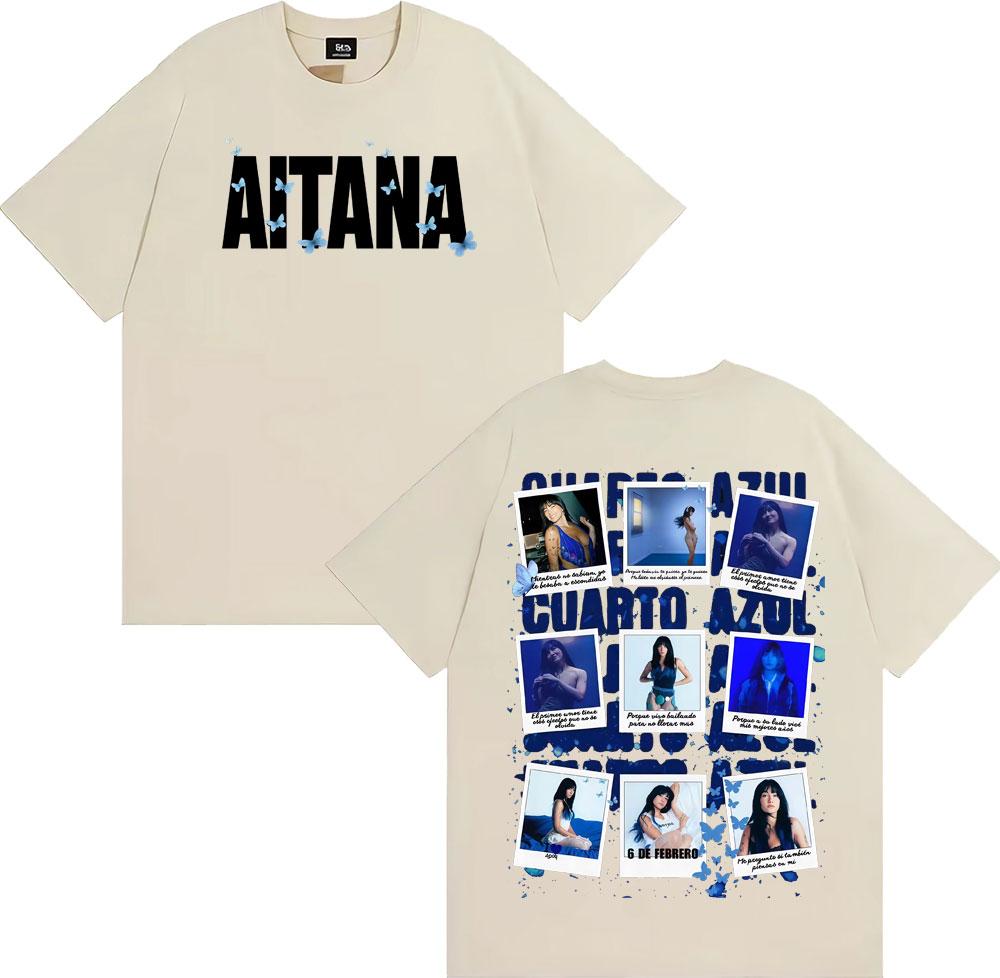 Camiseta Gráfica de Camiseta de Algodón de Verano Unisex para Mujer Aitana Singer Cuarto Azul Oversize Cuello Redondo Manga Corta YK Clothing
