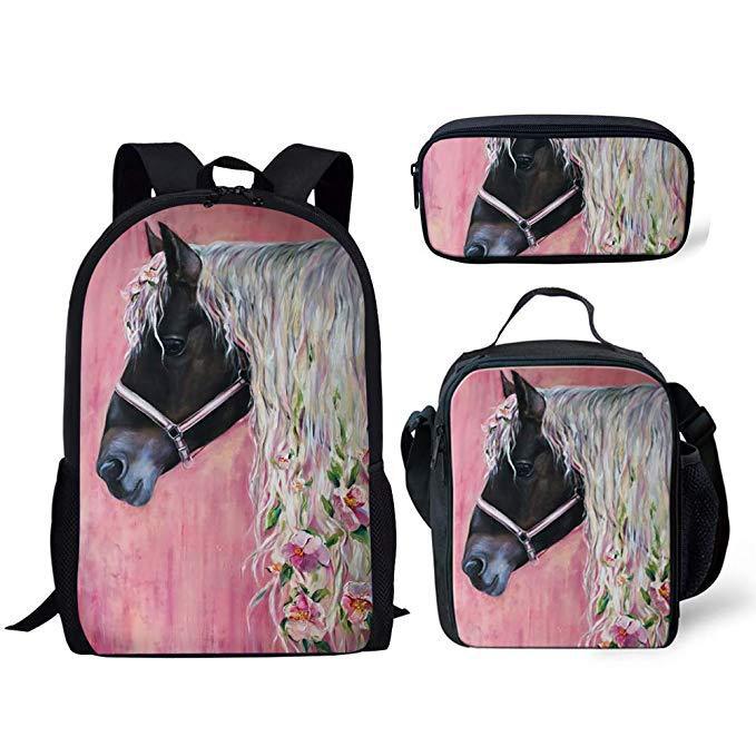 Classic Popular Funny Broken Flower Horse 3D Print 3pcs/Set Pupil School Bags Laptop Daypack Backpack Lunch Bag Pencil Case