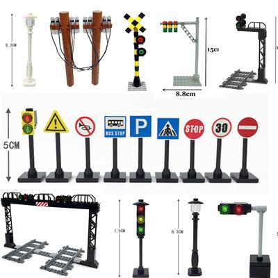 City Train Track Traffic Light Lamp Street View Signs Indicator Brick Road Sign Cross Signpost Barrier Block Toys