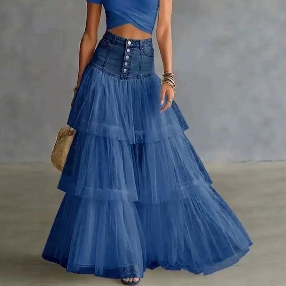 Meerlaagse Ruche Tule Maxi Rok Dames Hoge Taille Denim Patchwork Waaierige Lange Mesh Rok Casual Fee A-lijn Lange Rokken