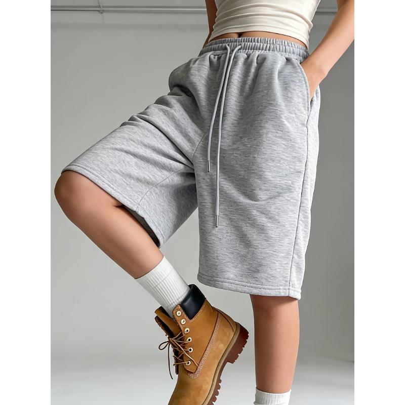 Einfarbige Shorts mit Kordelzug Sommer Lässig Elastischer Bund Shorts Damenbekleidung Sport Lässige Shorts Damen Shorts XL grau