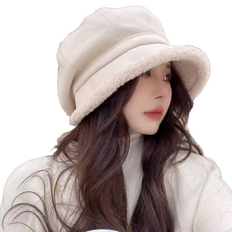 Autumn and Winter Hats Women's Fisherman's Hat Plus Velvet Japanese Style Cold Proof Ear Protection Basin Hat Casual Lamb Wool Octagonal Beret