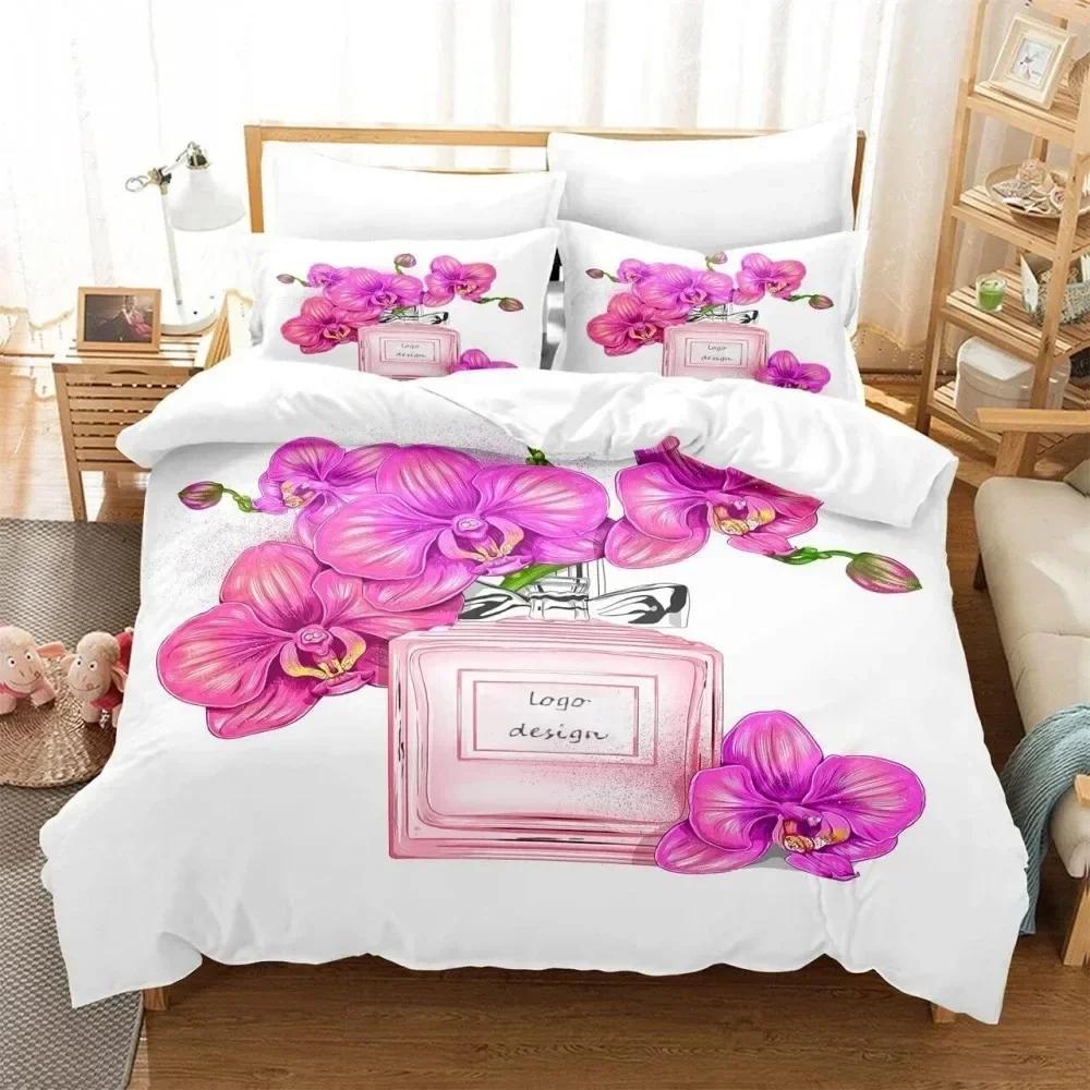 Perfume Floral Duvet Cover Set Pink Makeup Bedding Set With Pillowcase,Girls Women Romantic Fashion Gifts Comforter Cover Set