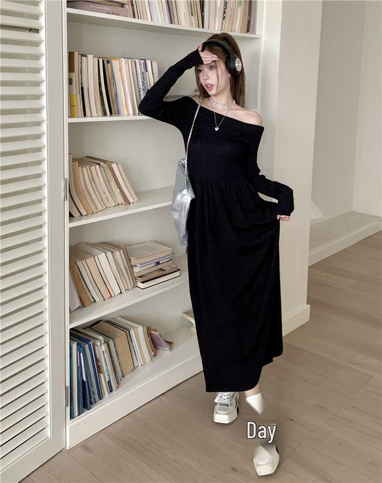 Damen Französisches Ein-Schulter Langarm Strickpulloverkleid, Schlankmachender Herbst/Winter Stil