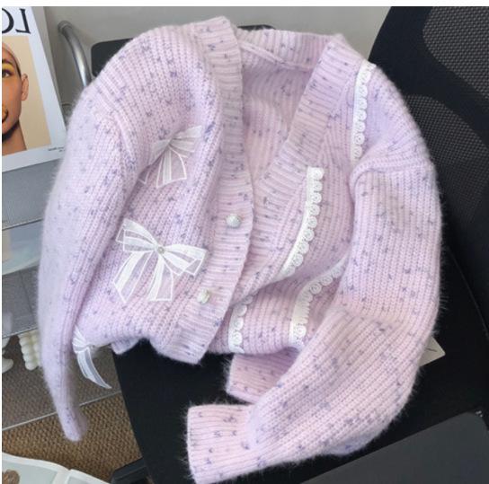 Autumn and Winter Women's Gentle Loose Lazy Wind Knit Jacket Lace Bow Sweater Cardigan