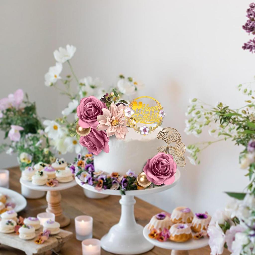 Adornos para Tarta de Flores Adornos para Tarta de Feliz Cumpleaños con Flores Artificiales de Rosa Morada Hojas de Eucalipto para Fiesta de Cumpleaños Boda
