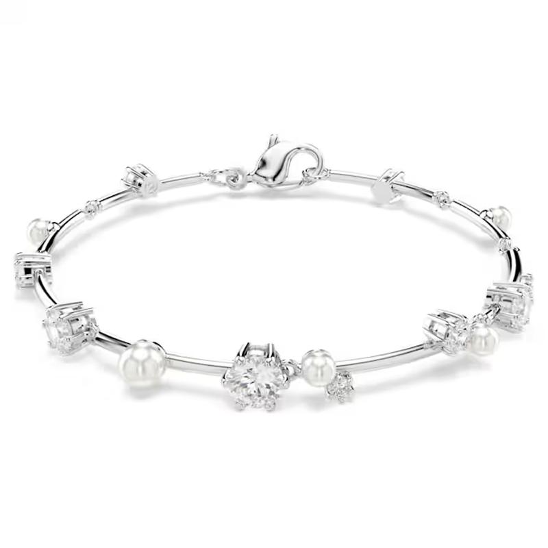 Swarovski Constella Edge Chain Bracelet With Cubic Zirconia Imitation Crystal, Rhodium Plated, Imitation Pearl Women bracelet Silver 5707511 Box (Random Color)