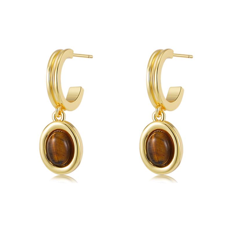 Autumn and Winter Light Luxury Tiger's Eye Stone Oval Earrings Maillard Black Agate Earrings Women's Niche Titanium Steel Jewelry