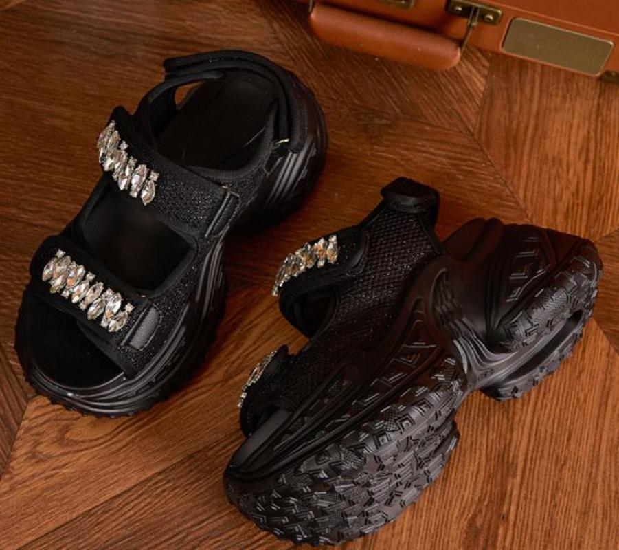 Fashion 8cm Air Mesh Microfiber Leather Platform Wedge Flats Summer Embed Crystal Peep Toe Fashion Women Sandal Slippers Pumps Shoes