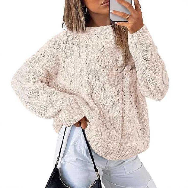 Twisted Cable Knit Crew Neck Loose Long Sleeve Sweater For Autumn Winter