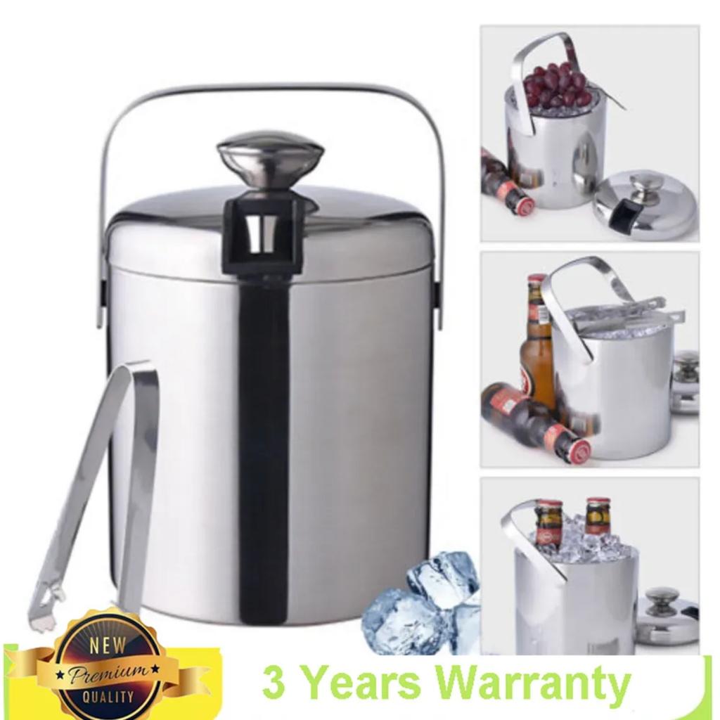 Bymaocar 1300ML 2-Layer Stainless Steel Insulated Ice Bucket w/ Lid & Ice Tong Outdoor Activity Versatile to Use for 3-5 People
