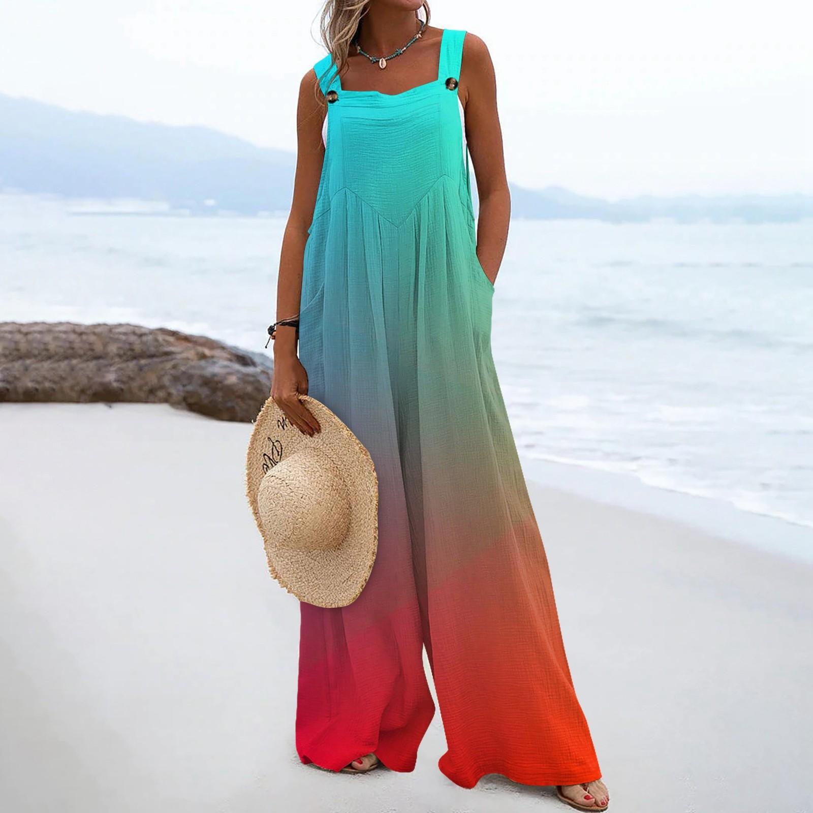 

Женские комбинезоны, повседневные комбинезоны с широкими штанинами и принтом, комбинезоны без рукавов с карманами, наряды L циан