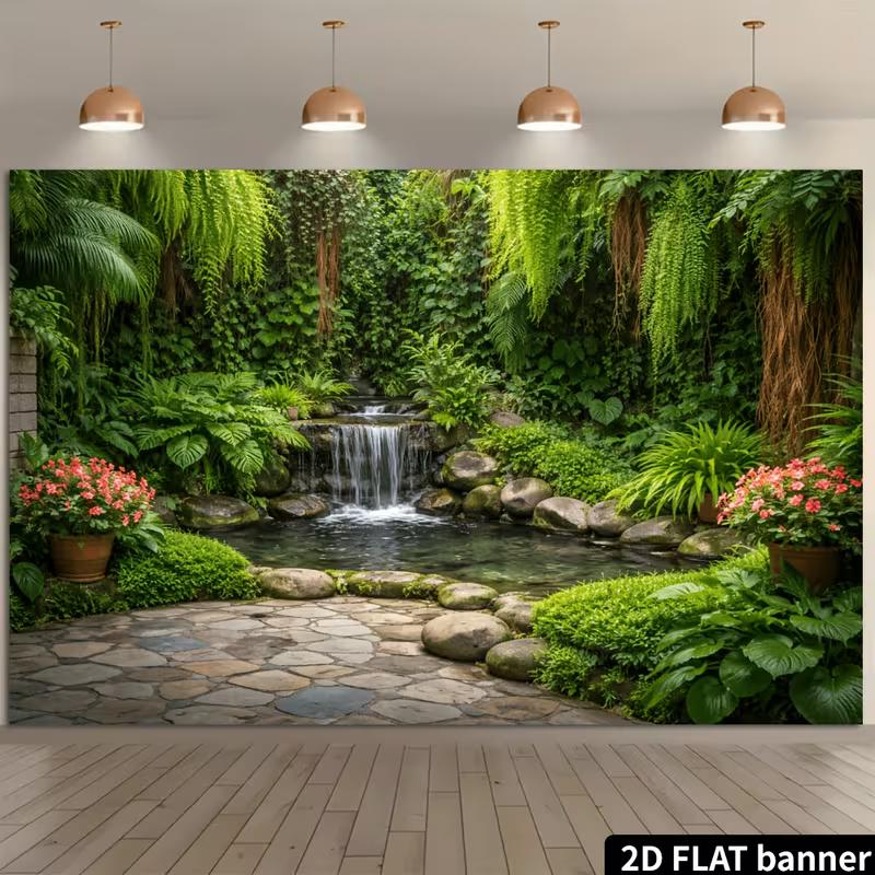 Zen Courtyard Banner with Ferns and Hanging Vines Photo Booth Background Cloth
