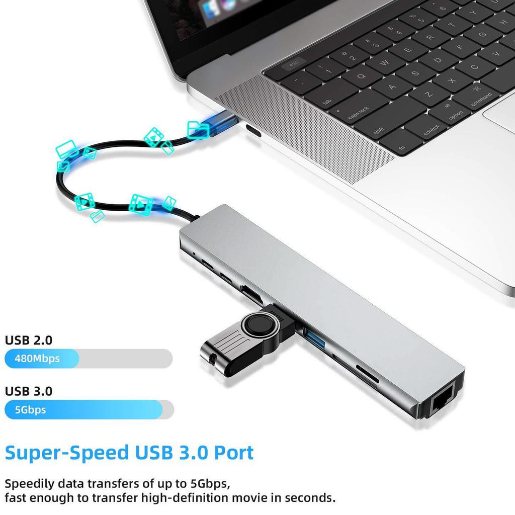 8 IN 1 USB C Hub Type C Docking Station Multiport Adapter with 4K HD RJ45 Ethernet USB 3.0 PD Charging Port SD TF Card