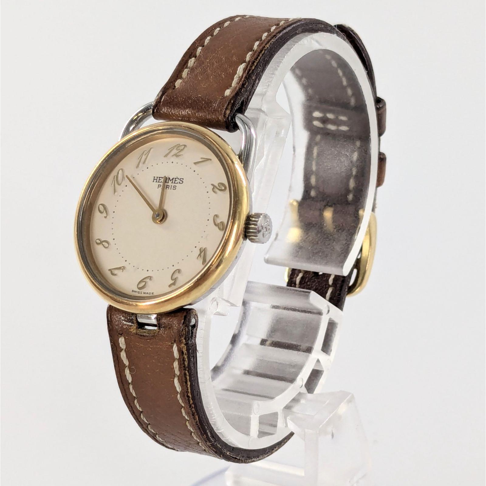 Used HERMES Arceau QZ/Leather Ivory Dial Ladies Watch [QG-180]