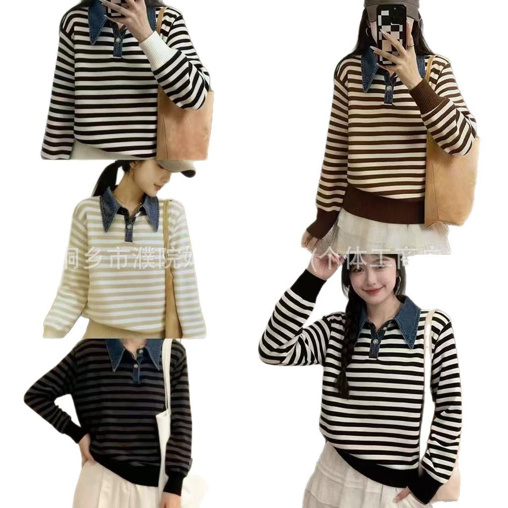 Loose POLO collar denim sleeves splicing fake two-piece sweater women's autumn and winter new knitted sweater fashion top trendy