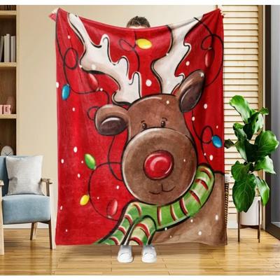 Festive Christmas Reindeer Pattern Fleece Throw Blanket Hand Wash Only Multi-Purpose Blankets