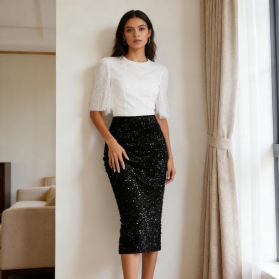 Women Skirt High Waist Solid Color Sequin Decoration Slimming Leg Shape Midi Skirt Work Party Daily Wear