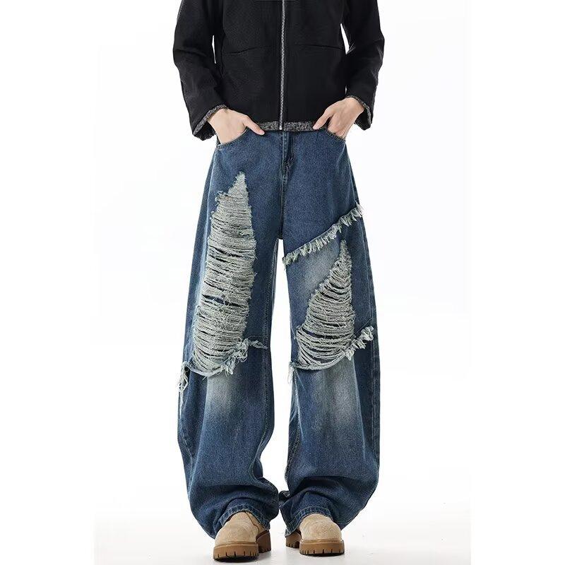 Jeans Larghi Unisex a Vita Media Deostrutturati Vestibilità Larga Vintage Americano Lavato Baggy in Denim Pantaloni Rilassati Lunghi Fino a Terra