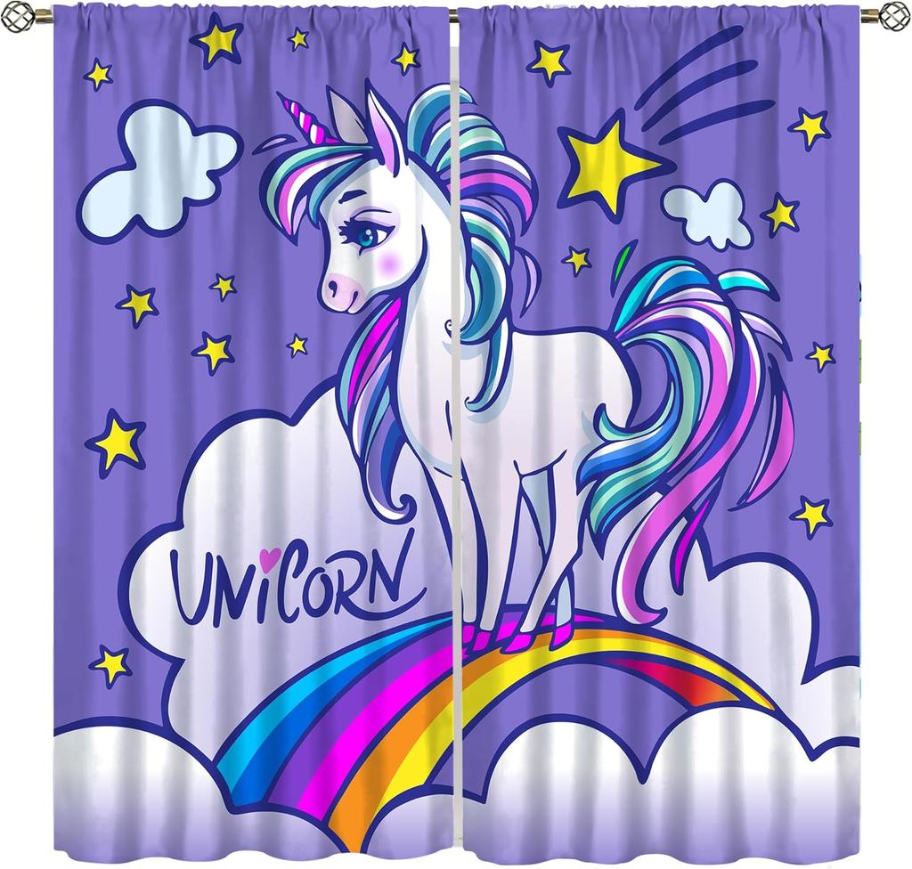 Kids Unicorn Curtains Purple Cartoon Rainbow Room Boys Girls Baby Decor Living Blackout Made Of Polyester Window Treatment