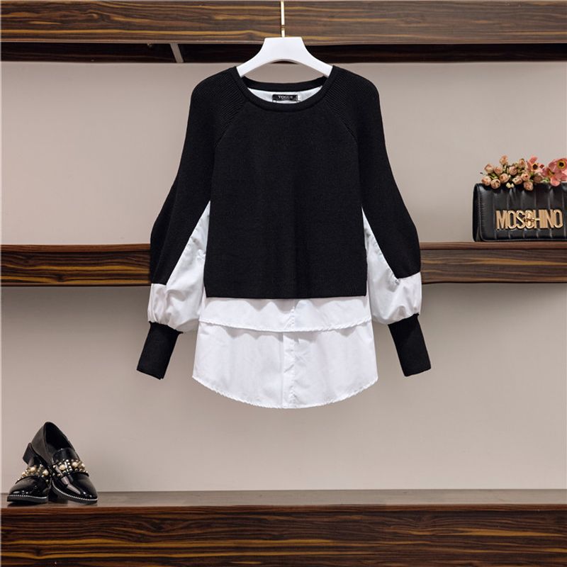 

Fashion Style Plus Size Women s Raglan Sleeve round Neck Sweaters Patchwork Fake Two-Piece Loose Slimming Long-Sleeved T-shirt Fashion Black spell White XXXXL