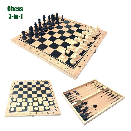 1 Set Chess Game Portable Foldable Durable 3 In 1 Wooden International Chess Checkers Toy Party Supplies