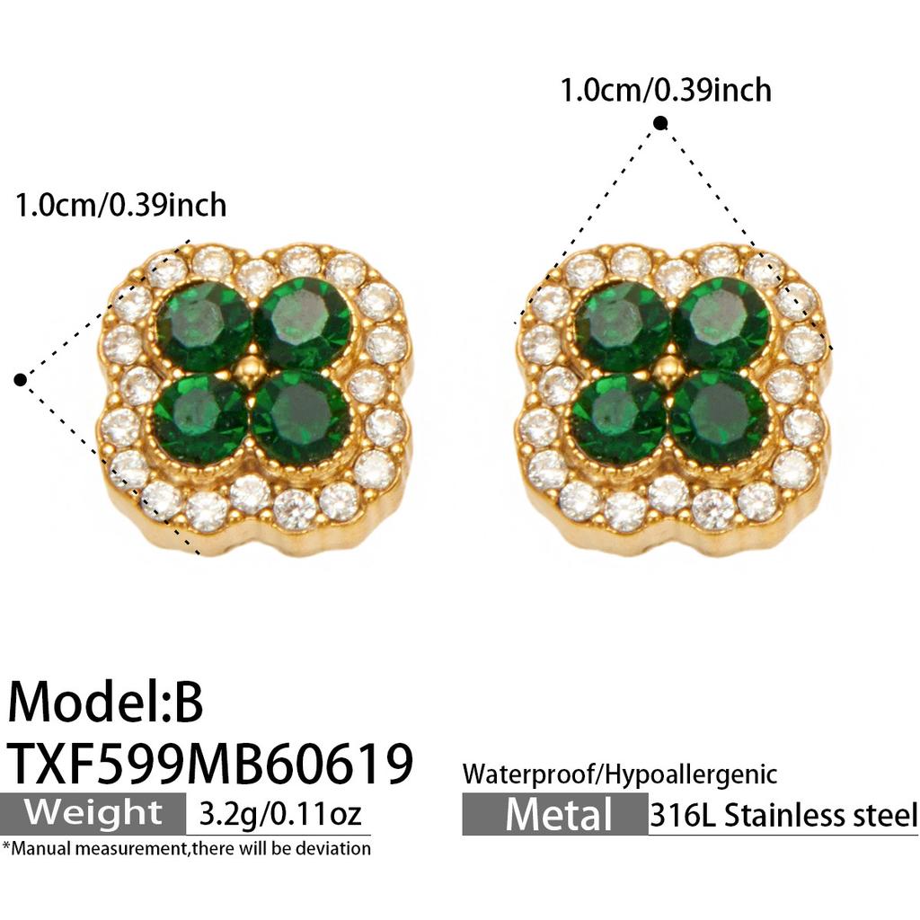 SSeeSY Custom Design Jewelry Stainless Steel 18K Gold Plated Clover Stud Earrings Necklace Set for Engagement Party with Zircon