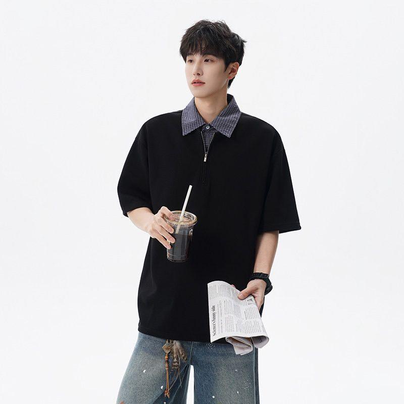 Summer Men's Fake Two Piece Polo Shirt Loose Short Sleeve Casual Top