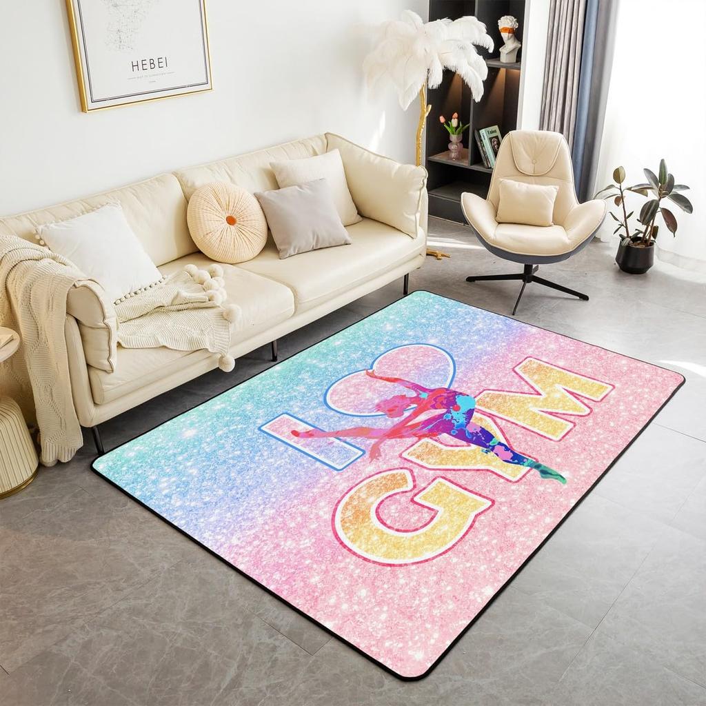 Gymnastics Girl Area Rug for Living Room Bedroom,Gymnastics Dancing Decor Carpet Girly Ballet Romantic Indoor Floor Mat Doormat