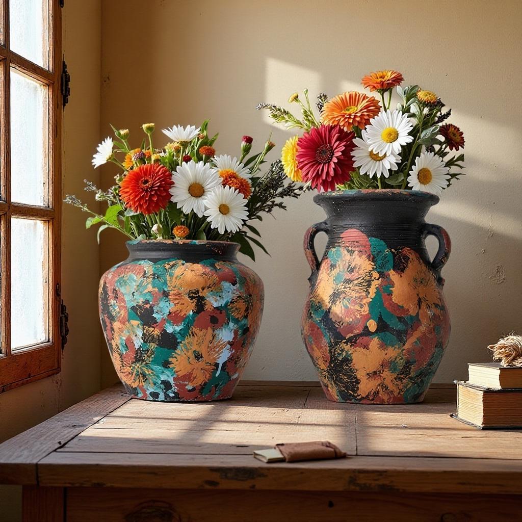 Retro Oil Painting Hand-painted Flower Pot Ceramic Vase Coarse Pottery Retro Flowerpot Flower Arrangement Home Decoration