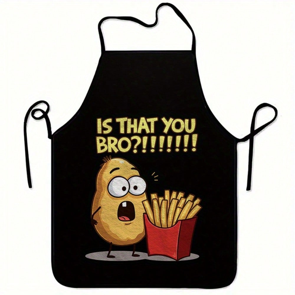 Funny Food Apron,  Is That You Bro  Quote, Potato and Fries Cartoon Kitchen Cooking Bib, Novelty Gift for Men, Black Cotton 38X47cm(15X19in)
