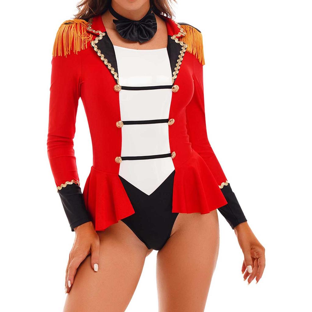 Damen Circus-Zirkusdirektor Rollenspiel Kostüm Langarm Overall Colorblock Patchwork Rock-Bodysuit