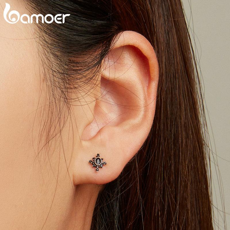BAMOER Real 925 Sterling Silver Black White CZ Star Stud Earrings For Women European Gothic Ear Studs Wedding Party Jewelry Gift