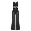 S-XXL Women Lyrical Dance Crop Top V Neck Sleeveless Back Crossing Fringe with Mesh Wide Leg Pants Built-in Briefs for Modern Dance Performance
