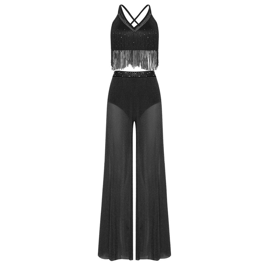 S-XXL Women Lyrical Dance Crop Top V Neck Sleeveless Back Crossing Fringe with Mesh Wide Leg Pants Built-in Briefs for Modern Dance Performance