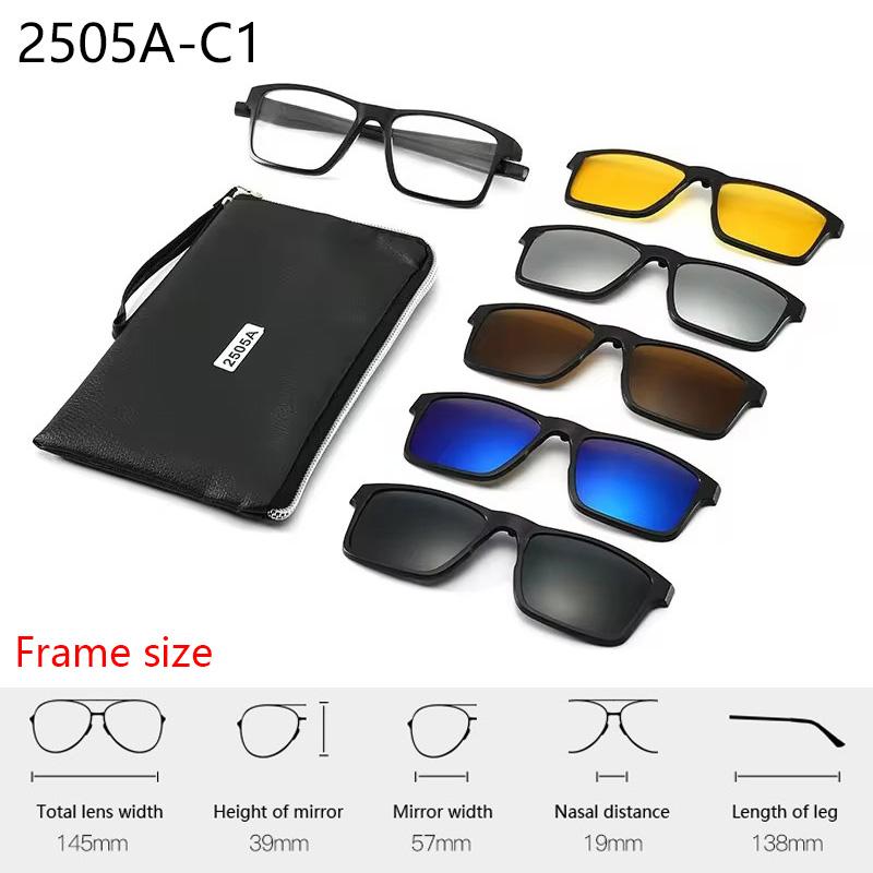 6 In 1 Spectacle Frame With 5 PCS Clip On Black Polarized Sunglasses Magnetic Telescopic Leg Glasses Male Computer Optical