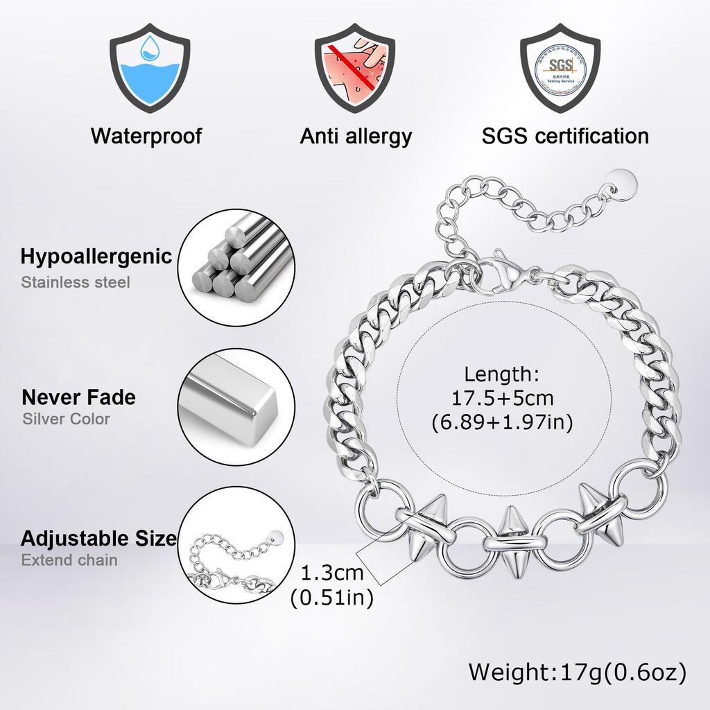 Vnox Six-Sided Rivet Chain Bracelet for Men, Adjustable Punk Men's Jewelry, Stainless Steel Never Fade Hip Hop Wristband Gifts