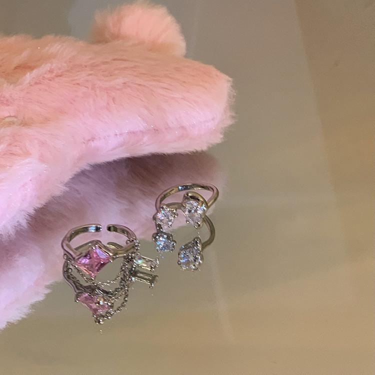 Elegant Korean Style Adjustable Geometric Pink Zirconia Ring For Women Fashion Accessory