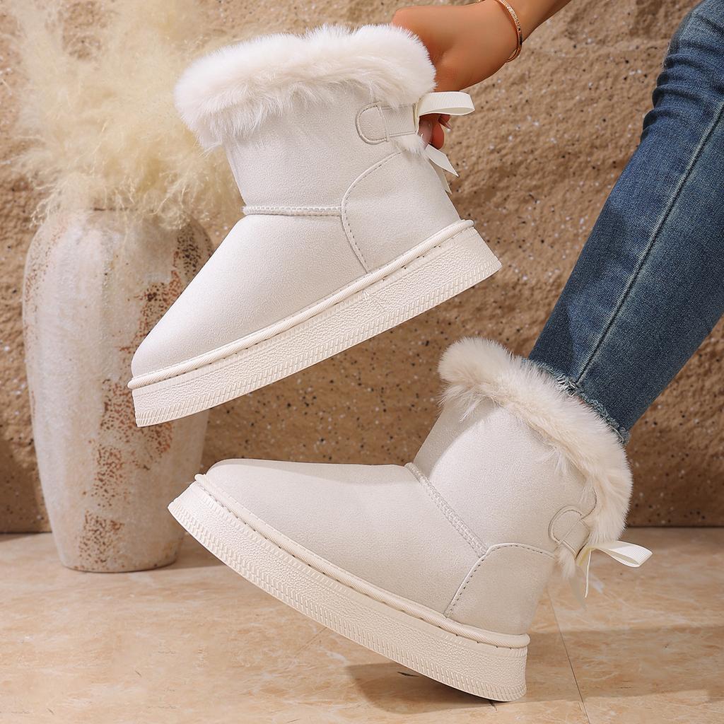 Ghete de zăpadă din lână și îngroșate cu o pedală 2025 iarnă nou cu gură pufoasă cu talpă groasă, cu fundă, calde, pantofi de bumbac de mărime mare