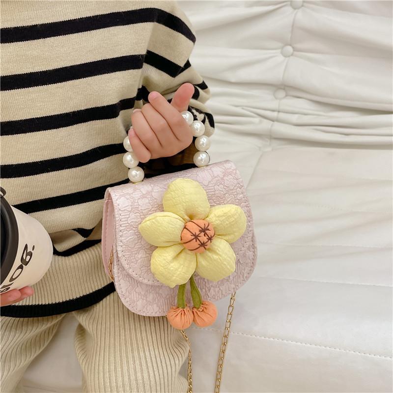 Fashionable Adorable Sunflower Pearl Chain Handbag For Girls Cute Princess Shoulder Bag Breathable Wearresistant Pu Leather
