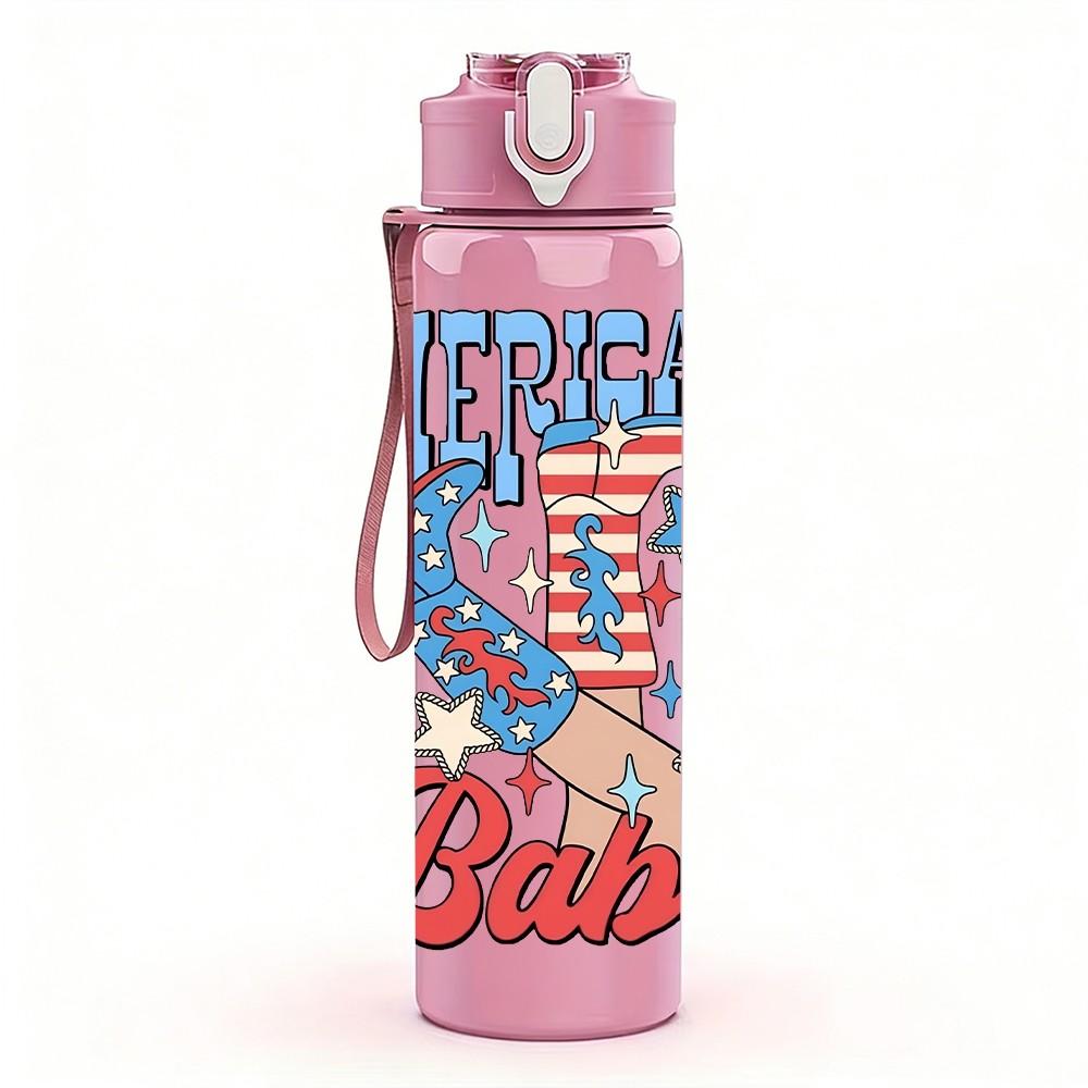 1PC American Babe Vintage Text Pattern 750ml Color Plastic Sports Water Bottle Leakproof Flip Straw Lid Suitable for Sports Office Home Use