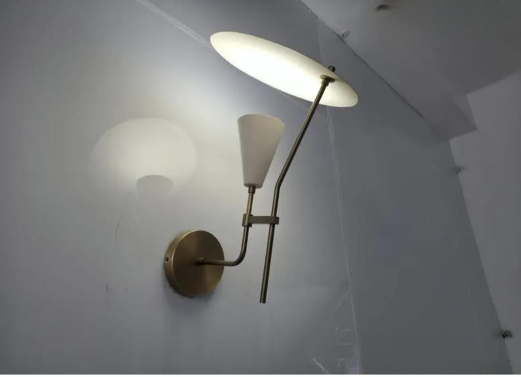 Single Arm Wall Lamp – Mid Century Raw Brass and White Wall Sconce, Modern or Industrial Style Lamp
