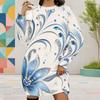 Women Plus Size Round Neck Long Sleeve Printed Black Mini Sweatshirt Dress Ribbed Cuffs