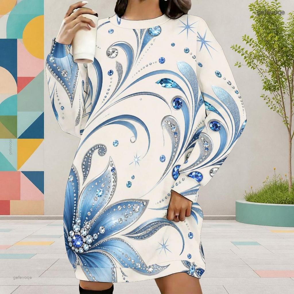 Women Plus Size Round Neck Long Sleeve Printed Black Mini Sweatshirt Dress Ribbed Cuffs