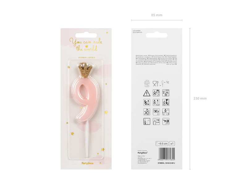 Partydeco Świeczka Urodzinowa Cyfra 9 Jasny Różowy 9,5Cm